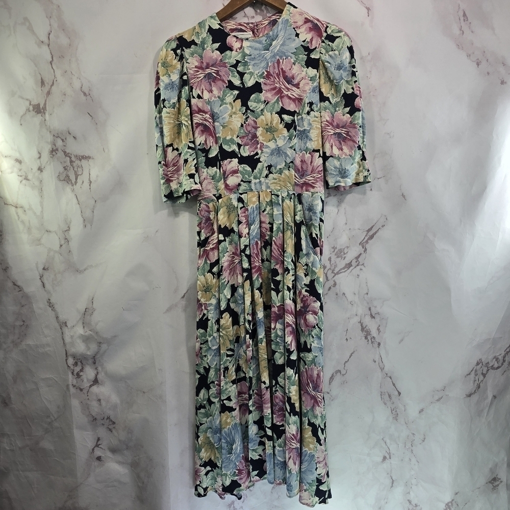 Vintage Dress Womens Medium 90s Pink Green Cottagecore Long Midi Pockets